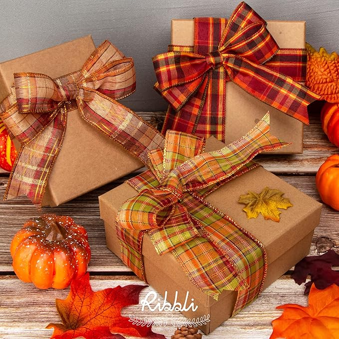 Fall Burlap Wired Ribbon with Gold Foil, 1.5 Inch x 10 Yard, Plaid Ribbon, Check Ribbon for Big Bow, Fall Wreath, and Gift Wrapping, Copper/Burgundy/Brown