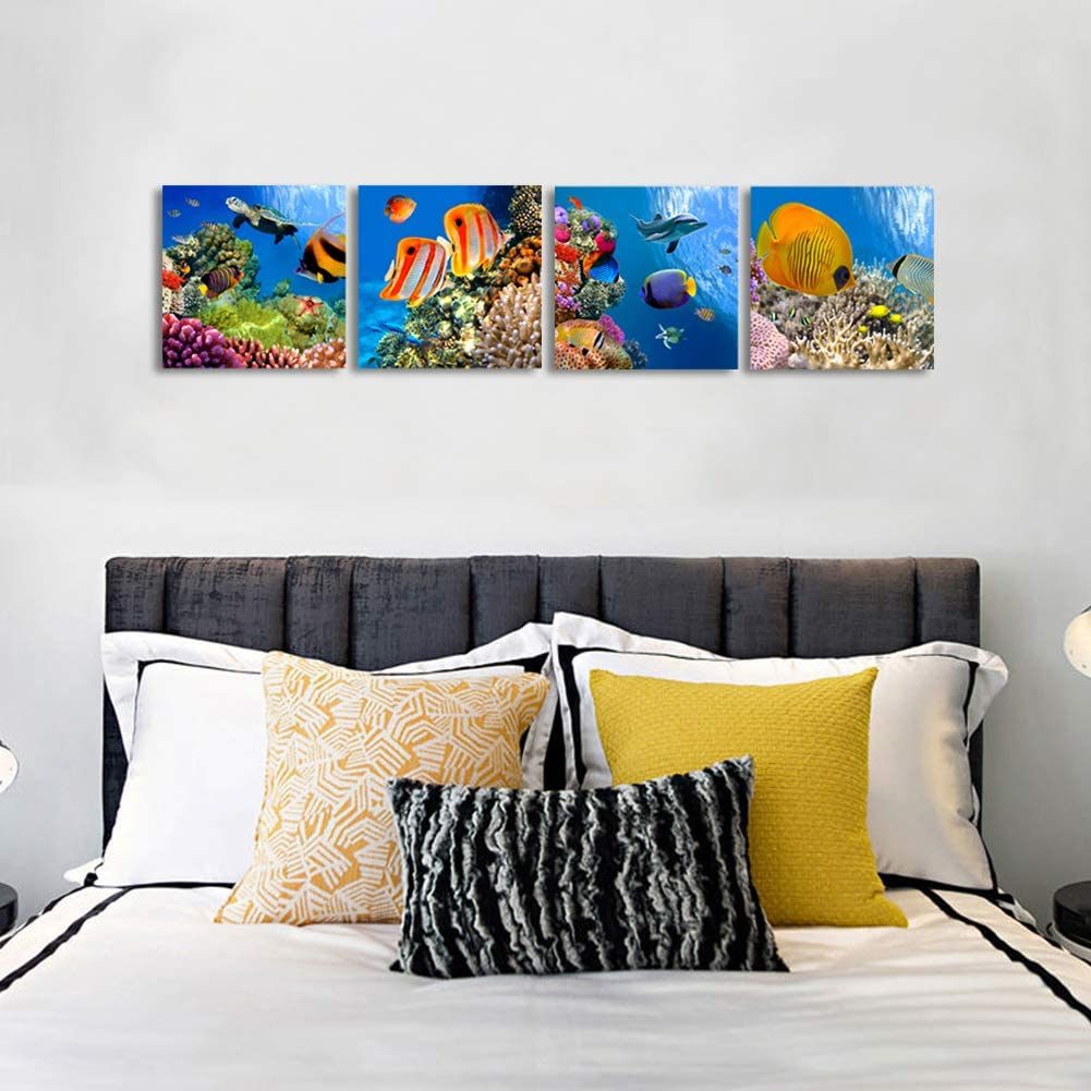 Bathroom Canvas Wall Art Sea Turtle Wall Decor for Living Room Colorful Fish Coral Dolphin Ocean Theme Underwater World Pictures for Bedroom Navy Seascape Artwork Framed Nautical Wall Decor
