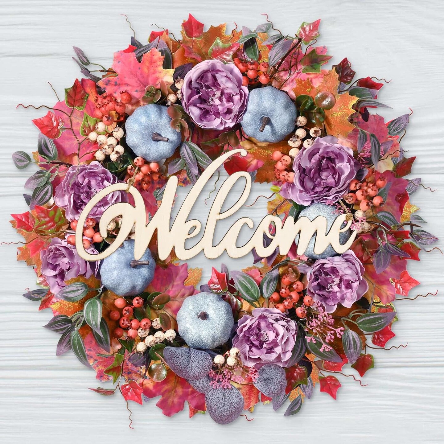 Fall Wreath - Fall Wreaths for Front Door Outside, 20&#x22; Autumn Wreath with Silk Peony Maple Leaf &#x26; Pumpkin, Handcrafted Fall Wreath with Lights for Front Door Home Thanksgiving Inside Outside Decoration