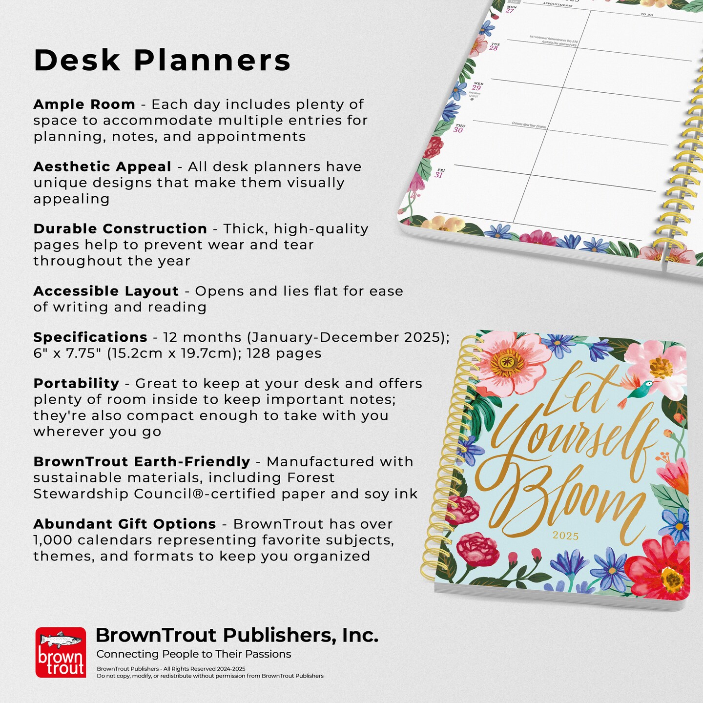 Bonnie Marcus OFFICIAL | 2025 6 x 7.75 Inch Weekly Desk Planner | Foil Stamped Cover | BrownTrout | Fashion Designer Stationery