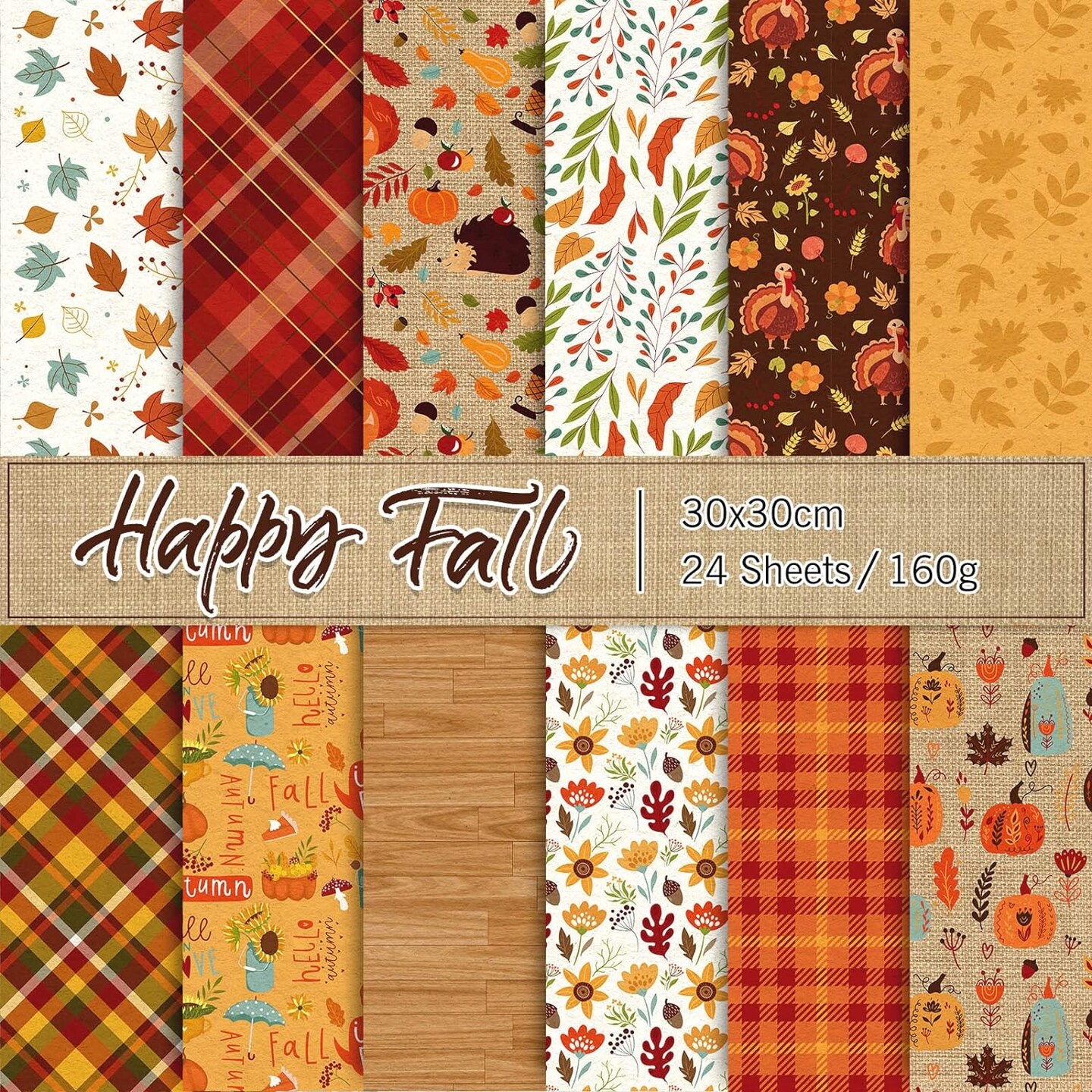 24 Pieces Fall Pattern Paper 30x30cm Colorful Fall Leaves Pumpkin Plaid Double-Sided Scrapbook Specialty Paper Folded Flat for DIY Decorative Background Card Making Photo Album Junk Journal Decor