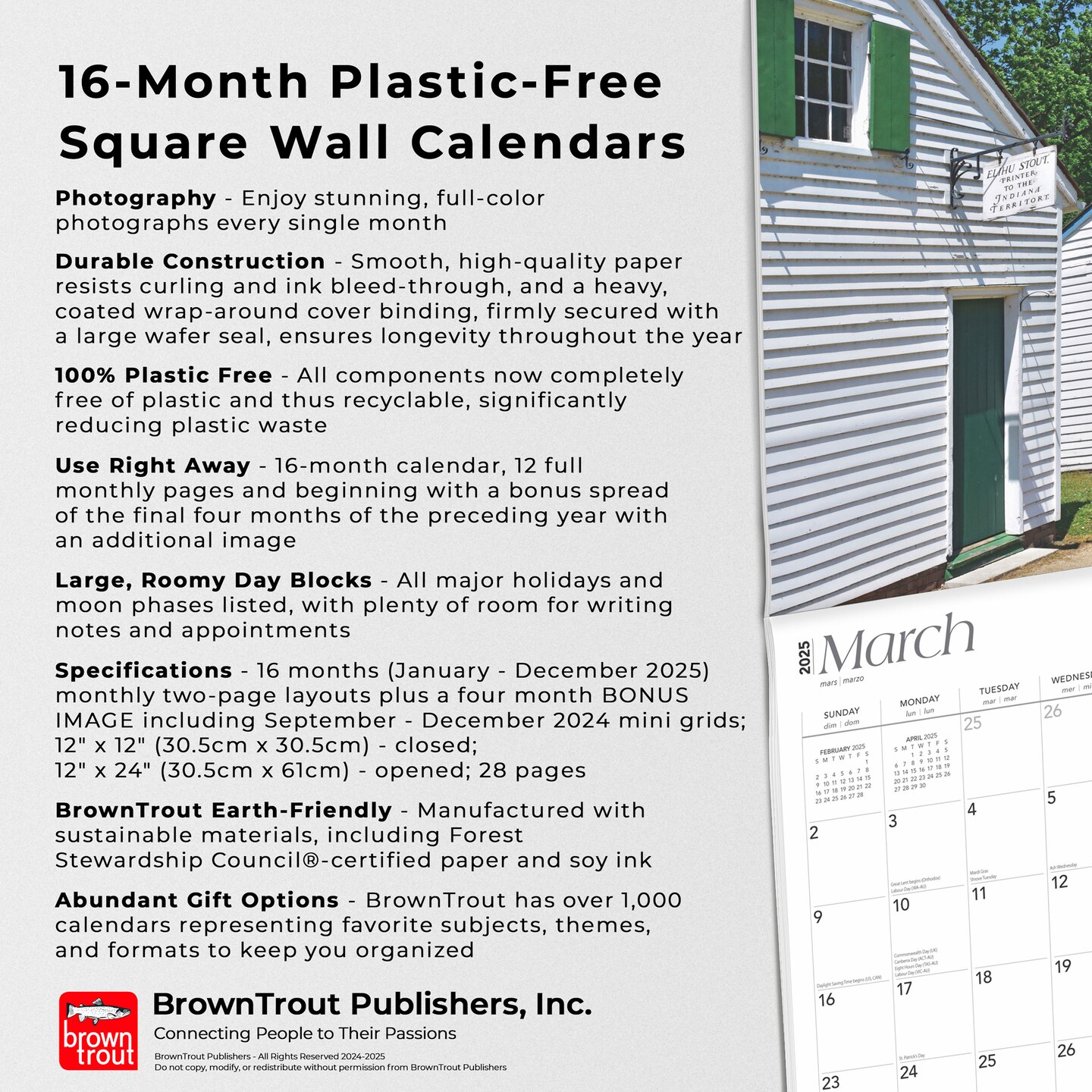 Hoosier State | Indiana Places | 2025 12 x 24 Inch Monthly Square Wall Calendar | Plastic-Free | BrownTrout | USA Indianapolis Midwest State Nature