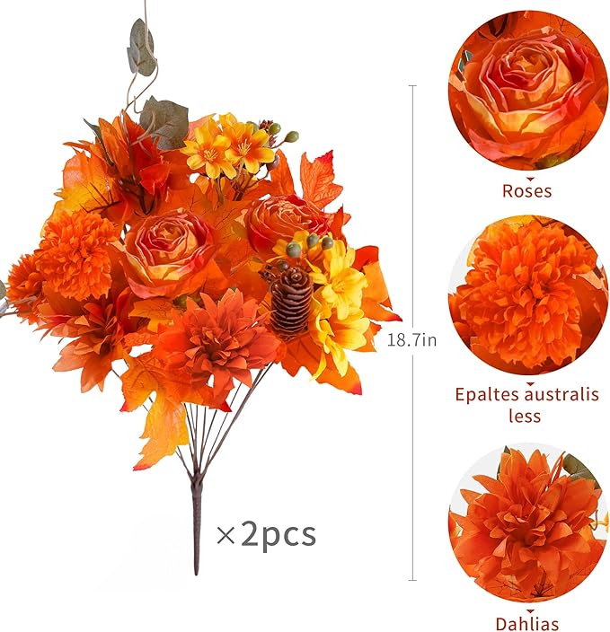2 Pieces Fall Artificial Flowers, Fall Decor Silk Flowers Bouquet for Home Wedding Thanksgiving Decoration (Orange, 2).