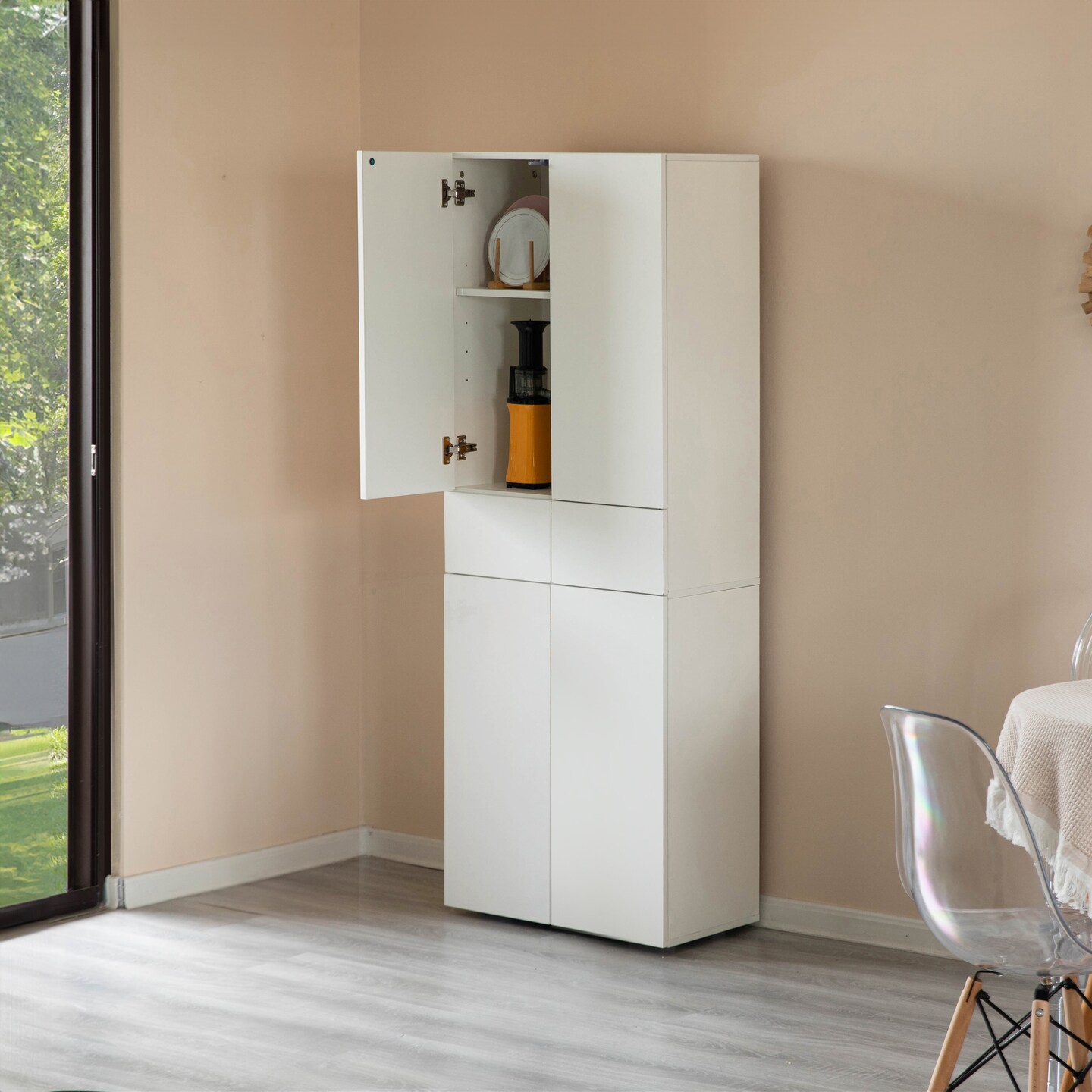 66-Inch Multi-Functional Finish Kitchen Pantry Cabinet with 4 Doors, 3 Adjustable Shelves, 2 Cabinets with 1 Drawer – Elegant Freestanding Farmhouse Storage for Kitchen, Dining and Living Room