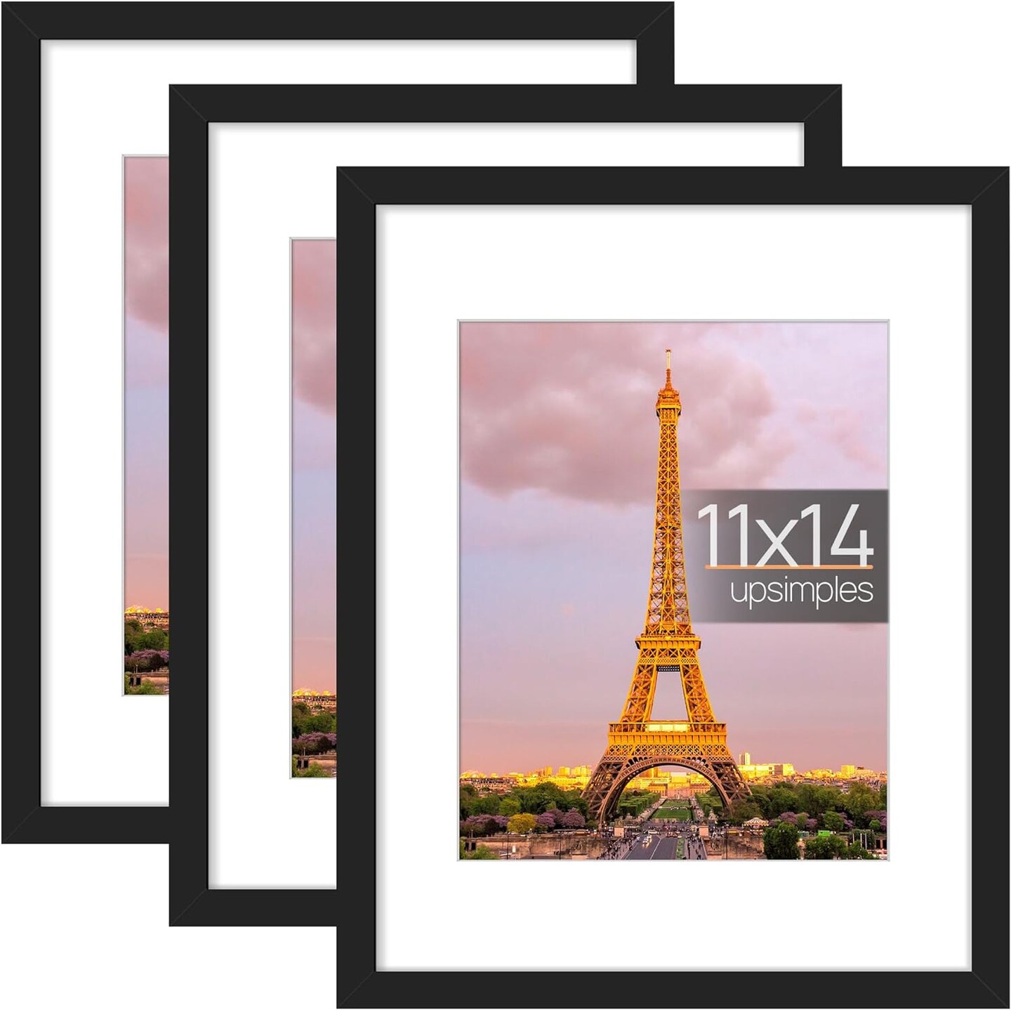 11x14 Picture Frame Set of 3, Made of High Definition Glass for 8x10 with Mat or 11x14 Without Mat, Wall and Tabletop Display Photo Frames in Black