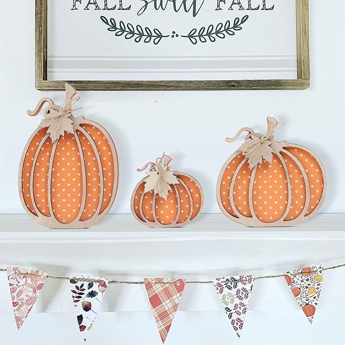 Fall Decor: Wooden Autumn Pumpkin Fall Decorations for Home Shelf Mantel Table Decor Pumpkins of Three Sizes Autumn Season