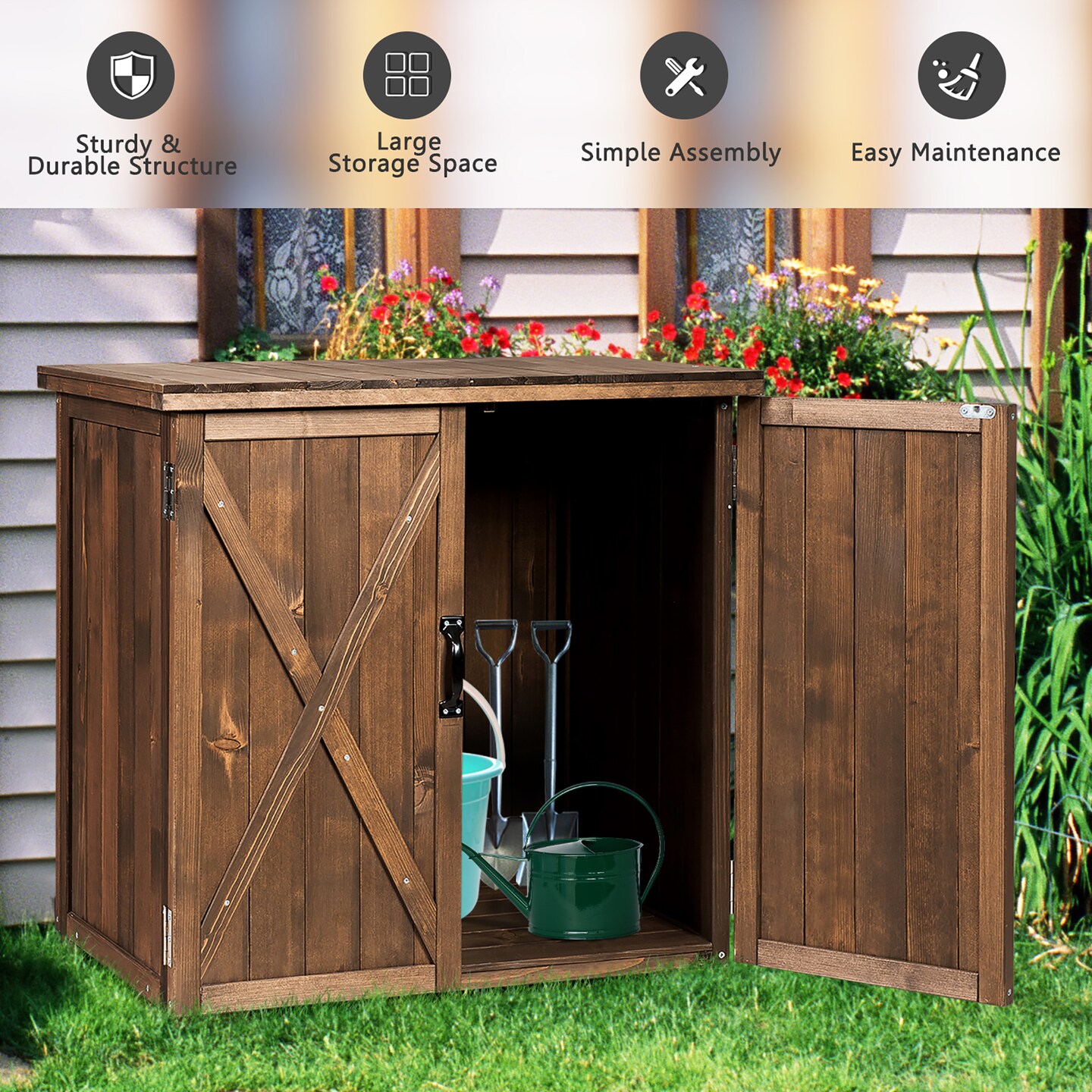 Storage Cabinet With Double Doors Solid Fir Wood Tool Shed Garden Organizer