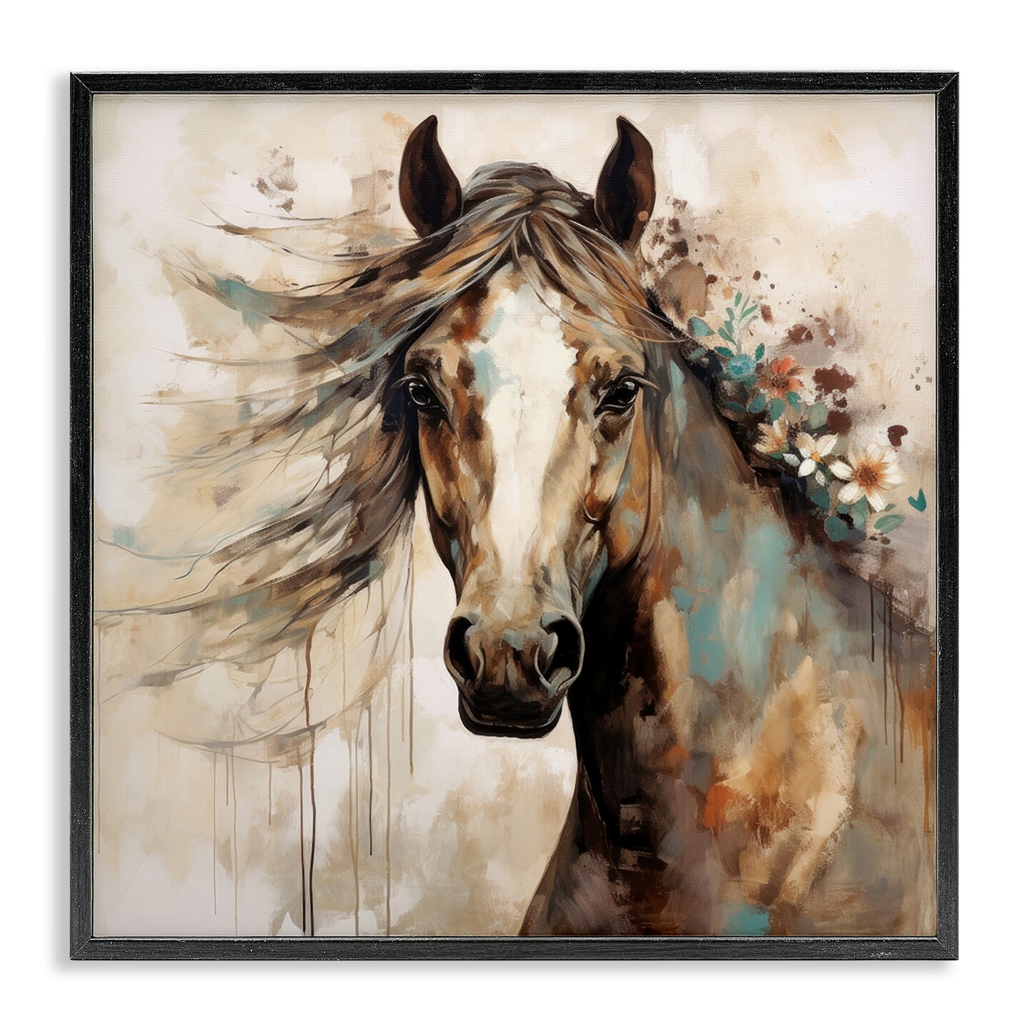 Stupell Industries Brown Horse with Florals Framed Giclee Art
