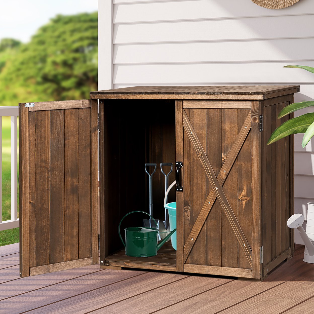 Storage Cabinet With Double Doors Solid Fir Wood Tool Shed Garden Organizer