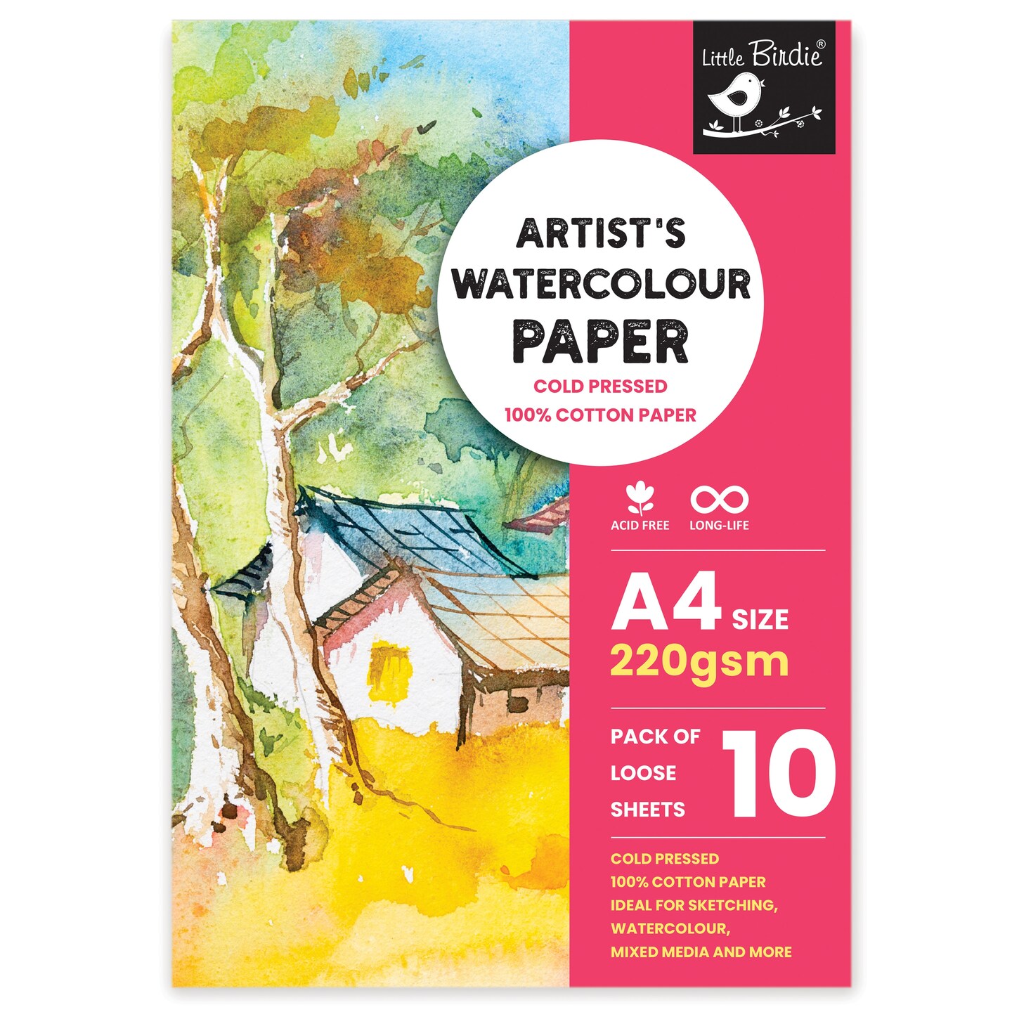 Little Birdie Artist&#x27;s Watercolour A4 Paper 220gsm - 10 Sheets