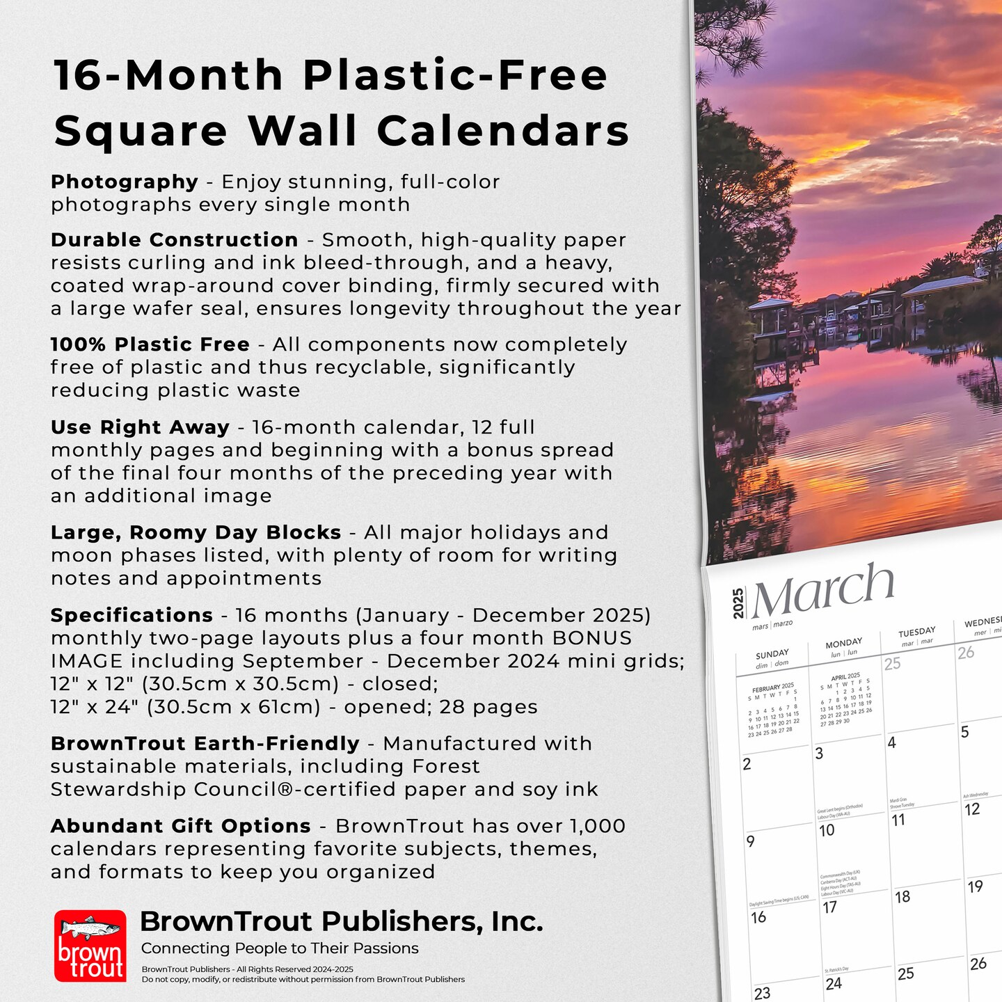 Sweet Home Alabama | Alabama Places | 2025 12 x 24 Inch Monthly Square Wall Calendar | Plastic-Free | BrownTrout | USA United States of America Southeast State Nature