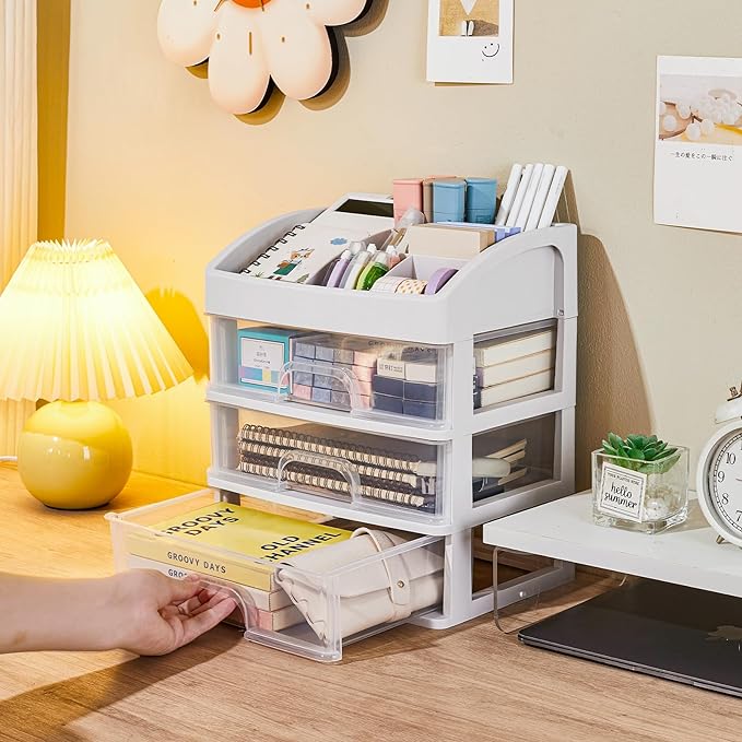 Desk Organizer with Drawers: 3 Drawer Storage Organizer, Desktop Storage Drawers for Office Supplies, Plastic Stationary Organizer, Makeup Organizer, Desk Storage Box for Office, School, and Home