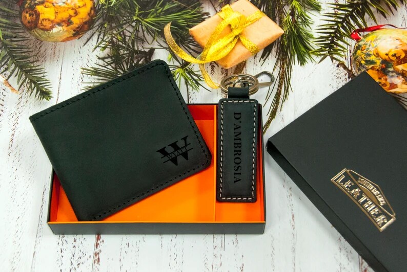 Leather Gift Box for Him,Custom Leather Wallet and Keychain Set,Graduation Gift for Son,Genuine Leather Wallet,Engraved Wallet,Last Minute 359699704452153344