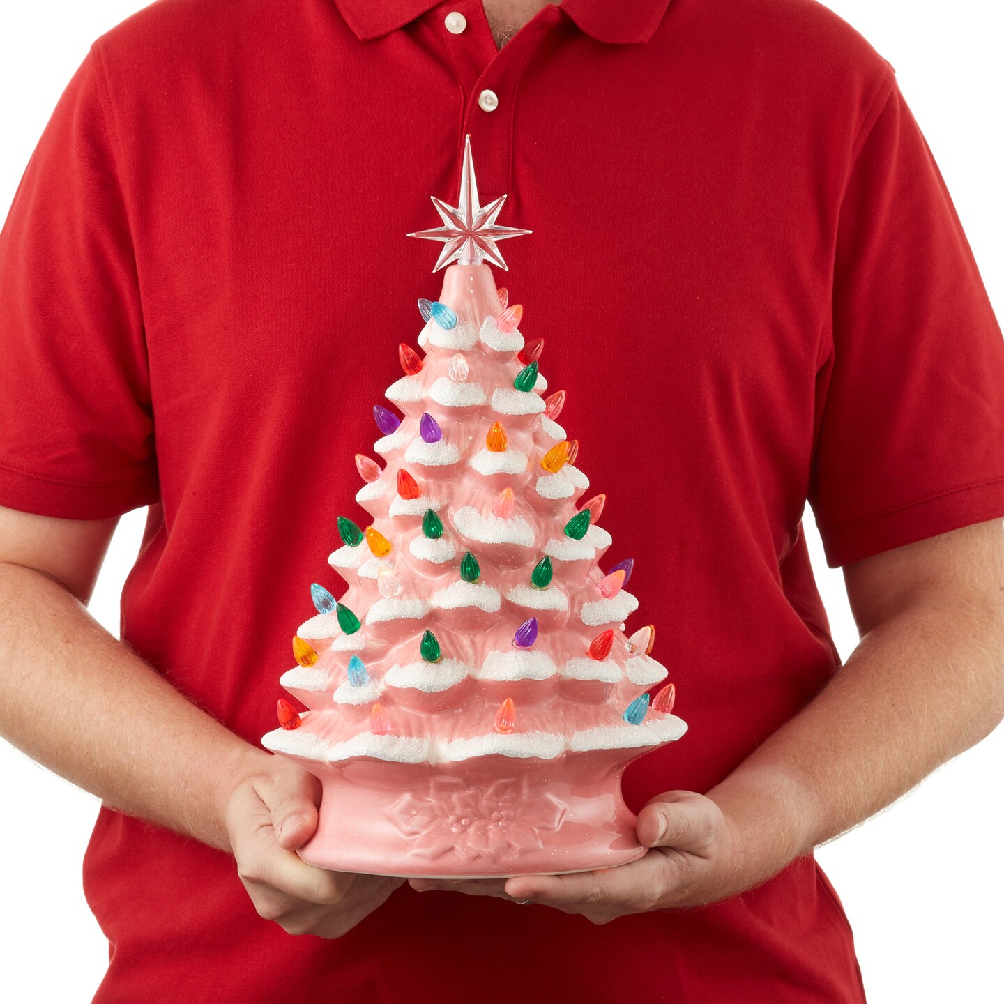 Casafield Hand Painted Ceramic Christmas Tree, Pink Snow Flocked 15-Inch Pre-Lit Tree with 128 Multi Color Lights and 2 Star Toppers