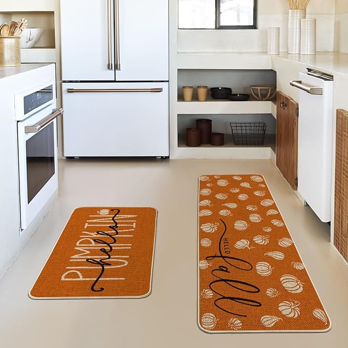 Orange Hello Pumpkin Fall Kitchen Mats Set of 2, Autumn Home Decor Low-Profile Kitchen Rugs for Floor (17x29 and 17x47 Inch)
