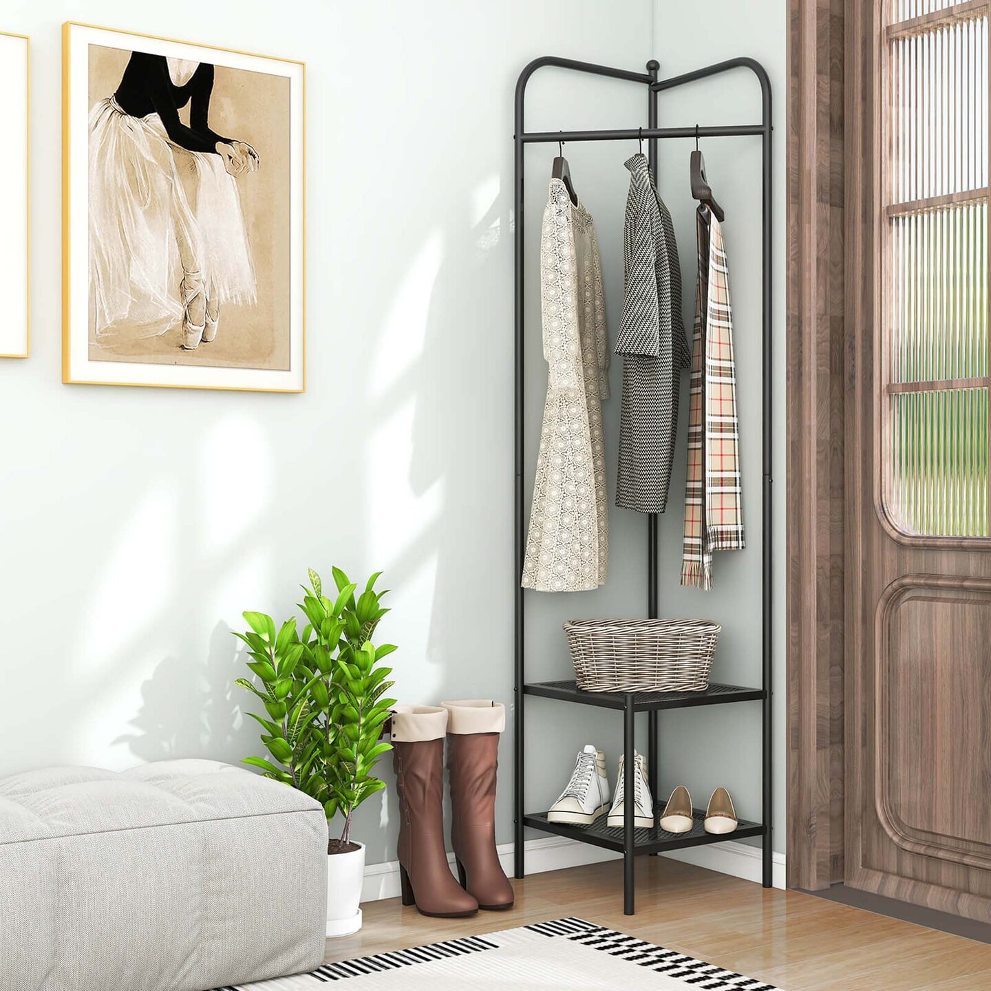 Costway Corner Coat Rack with Shelves Freestanding Hall Tree with Top Hanger Black/Golden/White