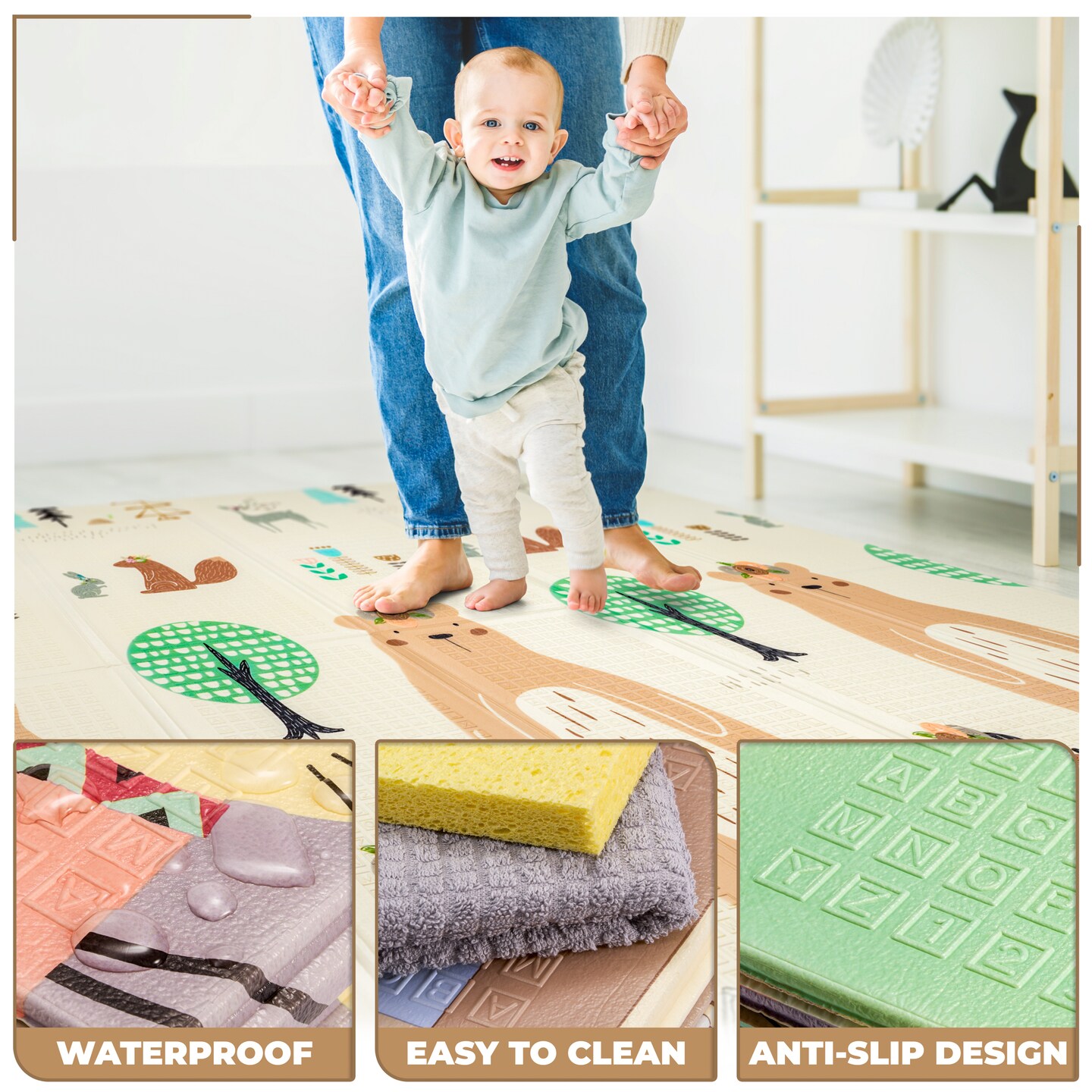 Sorbus Foldable Baby Play Mat, Kids Foam Mats for Floor with Travel Bag - Waterproof Foldable Play Mat (Forest Friends)