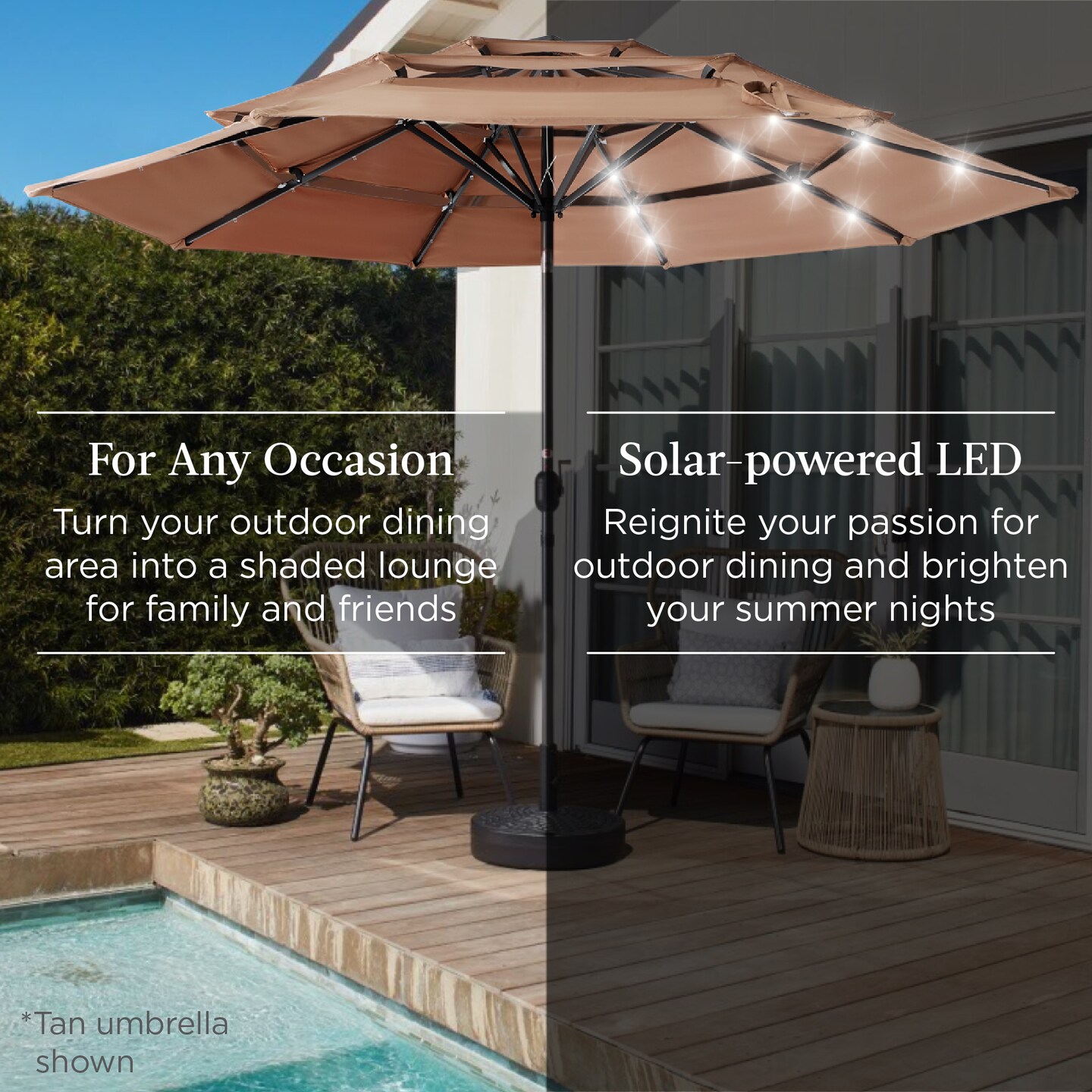 Best Choice Products 10ft 3-Tier Solar Patio Umbrella w/ 24 LED Lights, Tilt Adjustment, Easy Crank