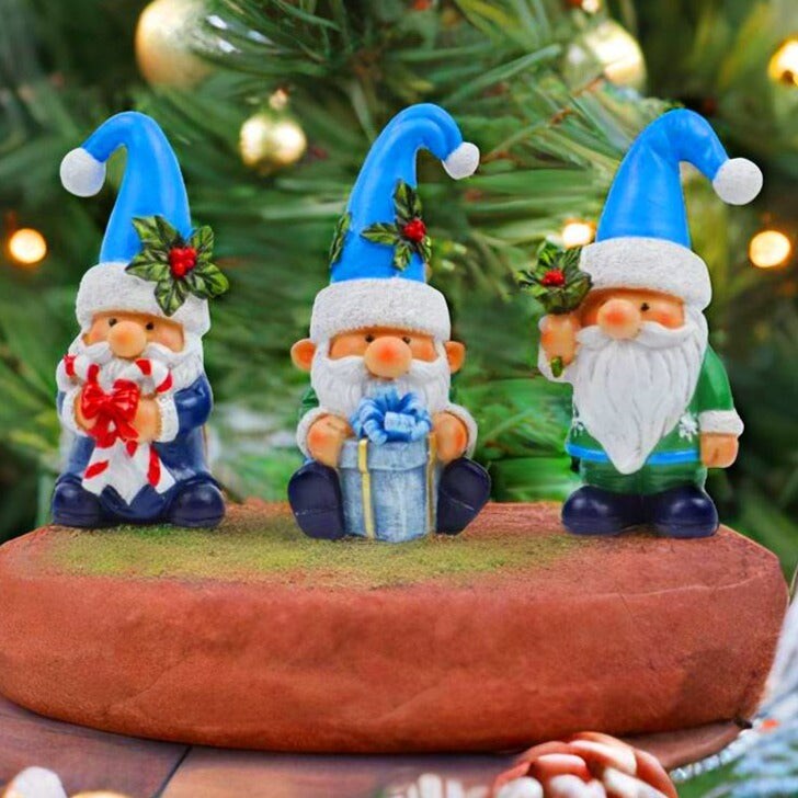 Sky Blue Hat Festive Holiday Gnome Set of Three Miniature Christmas Tabletop Figurine Statues