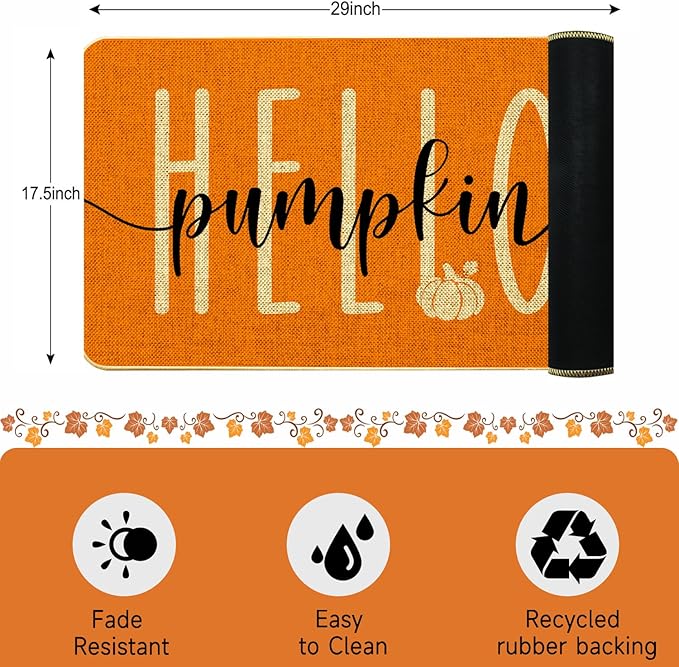 Hello Pumpkin Door Mat Welcome Decorative, Autumn Thankful Pumpkin Farmhouse Outdoor Indoor Patio Entrance Door Mats Low Profile Non Slip Outside Inside Floor Mat Rugs for Home Decor. 29x 17 Inch