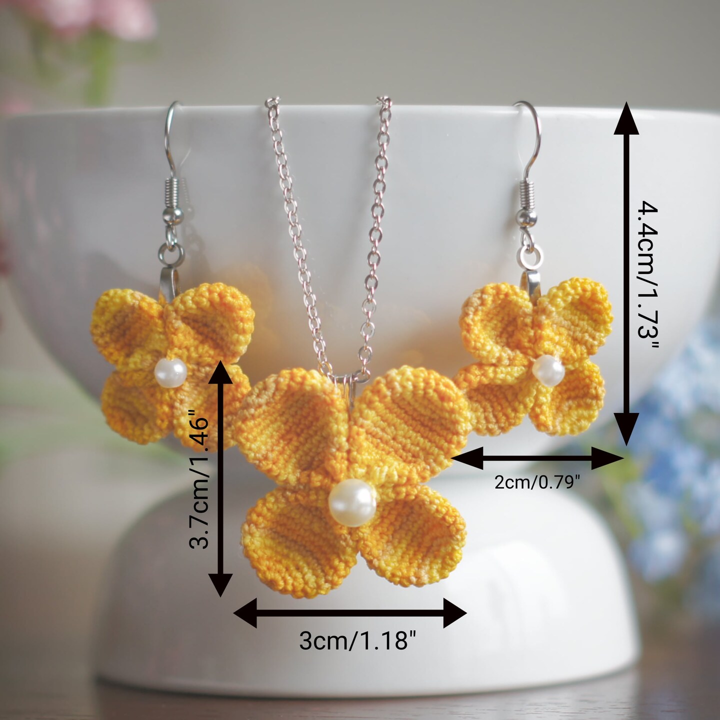 Yellow Crochet Flower Necklace and Earrings with Stainless Steel