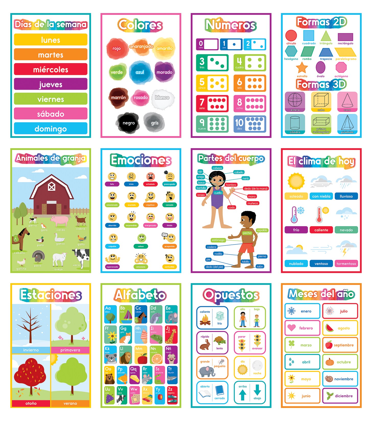 Carson Dellosa 16-Piece Spanish Early Learning Posters, 11" x 17" Colors, Numbers, Alphabet, Shapes, Sight Words Wall Art, ESL Preschool and Kindergarten Classroom Decor and Teacher Supplies