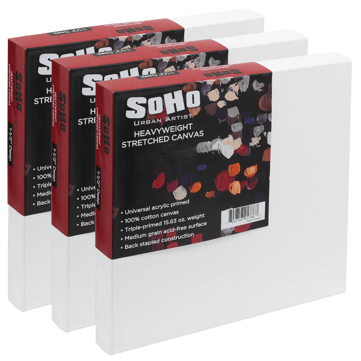 SoHo Urban Artist, 16x16" Heavyweight Stretched Cotton Canvas for Painting - 1.5" Deep- 3 Pack, Triple Primed, 100% Cotton Canvas, Archival, Universal Primed for Oil, Acrylic, Alkyd, Mixed Media