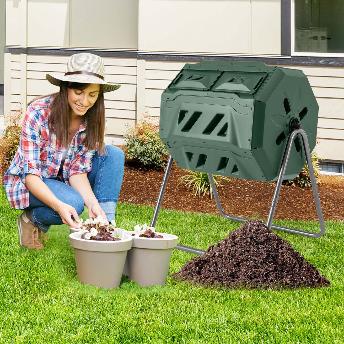 Costway 42-Gal Compost Bin Dual Chamber Composting Tumbler with 2 Sliding Doors Metal Frame Black/Green