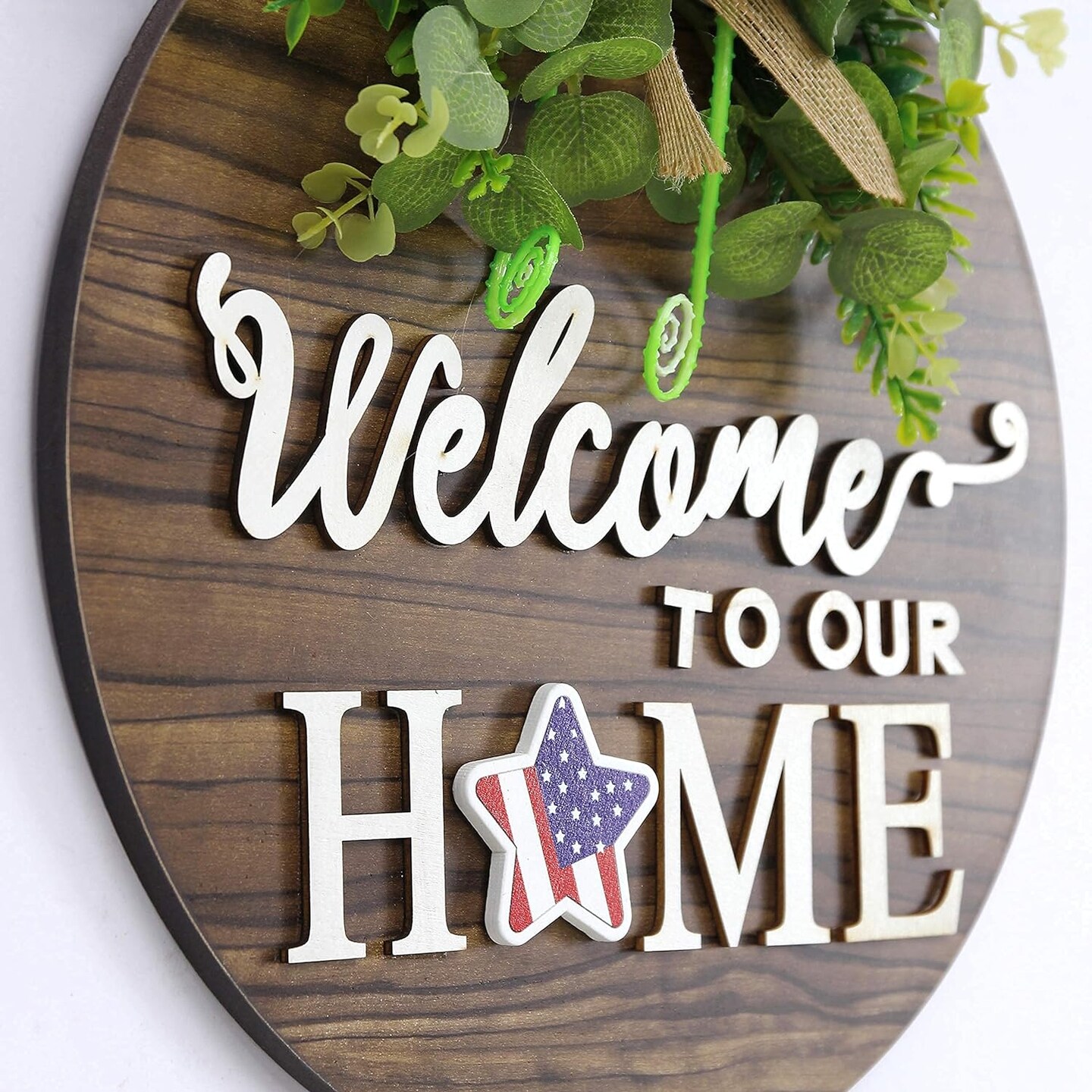 Interchangeable Seasonal Welcome Sign Front Door Decoration, Rustic Round Wood Wreaths Wall Hanging Outdoor, Farmhouse, Porch, for Spring, Summer, Fall, Halloween, and Christmas.