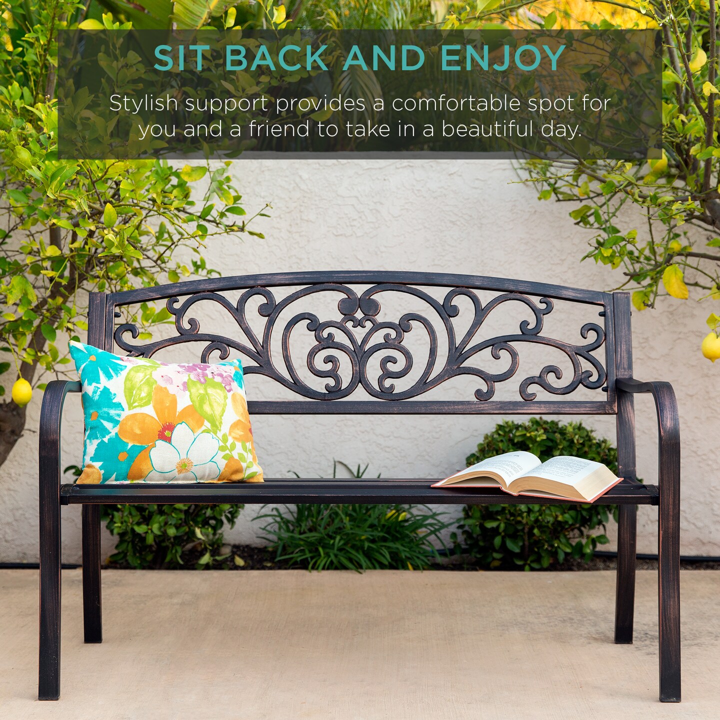 Best Choice Products Outdoor Steel Bench Garden Patio Porch Furniture w/ Floral Design Backrest, Slatted Seat