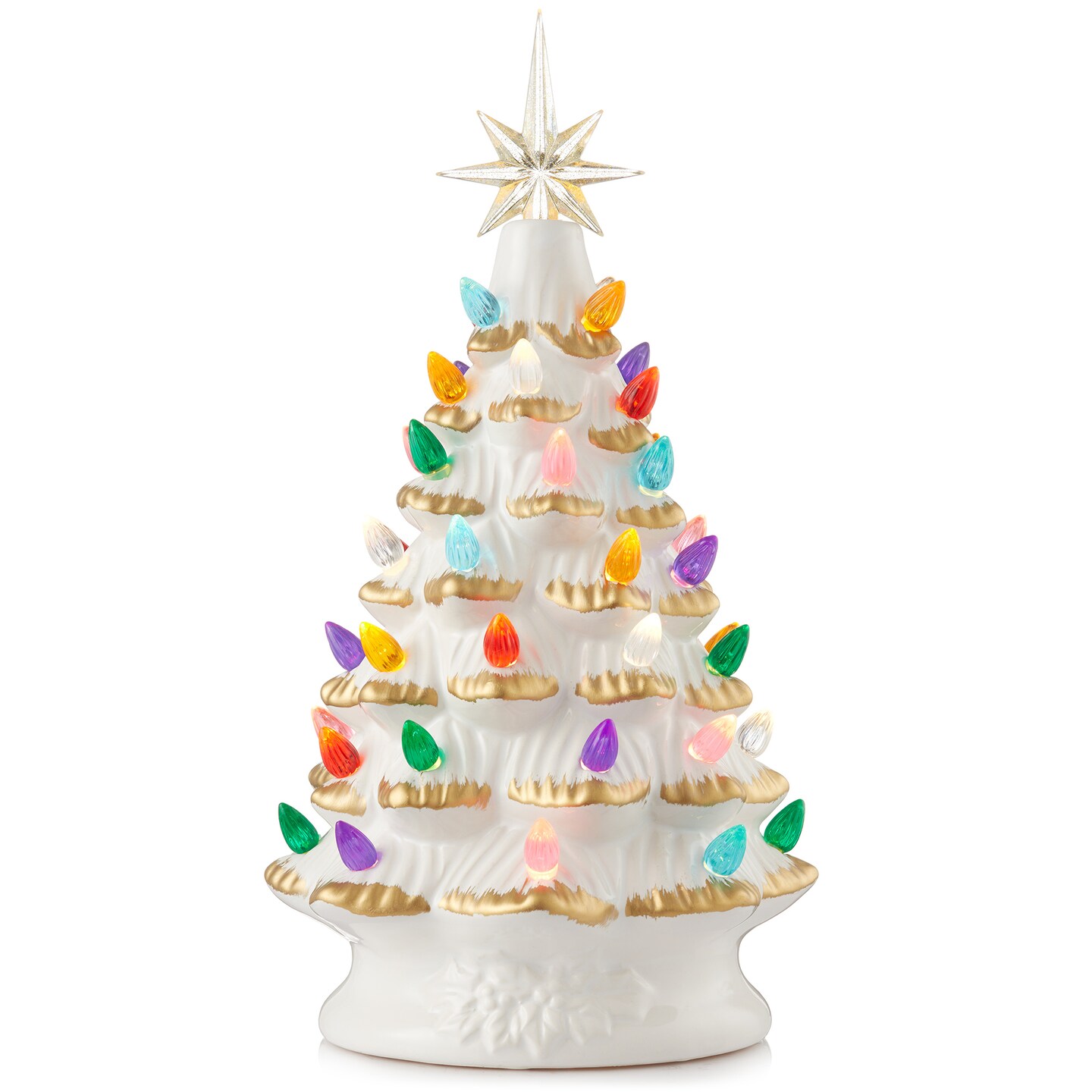 Casafield Hand Painted Ceramic Christmas Tree, 12-Inch Pre-Lit Tree with 100 Multi Color Lights and 2 Star Toppers