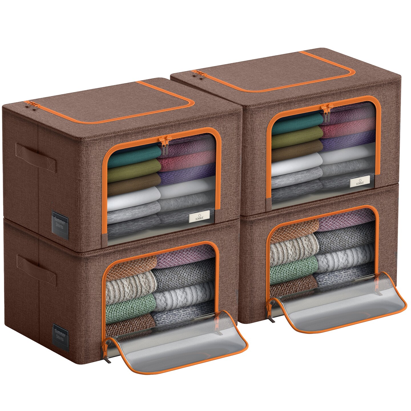 Sorbus Large Storage Bins, 4 Pack Stackable &#x26; Foldable Clothes Organizer Bags with Metal Frame, Window, &#x26; Handles