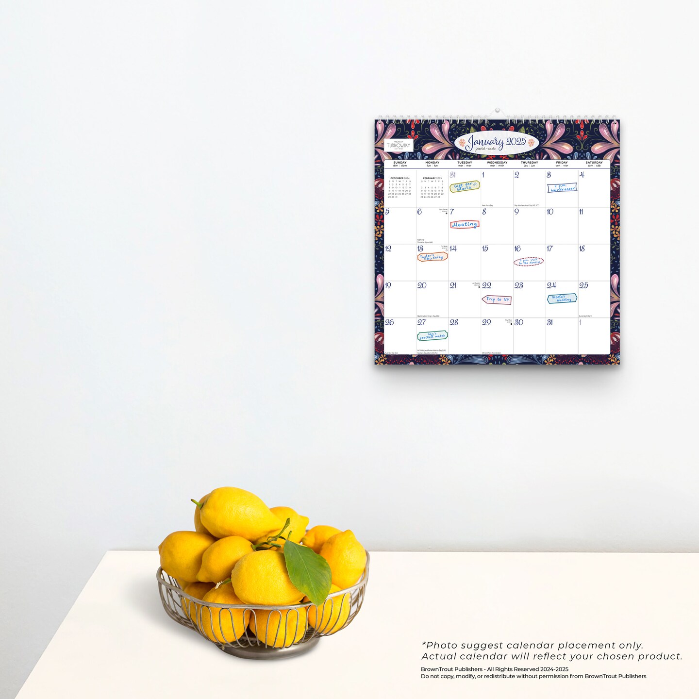 House of Turnowsky OFFICIAL | 2025 12 x 12 Inch Monthly Square Wire-O Calendar | Sticker Sheet | BrownTrout | Stationery Elegant Exclusive