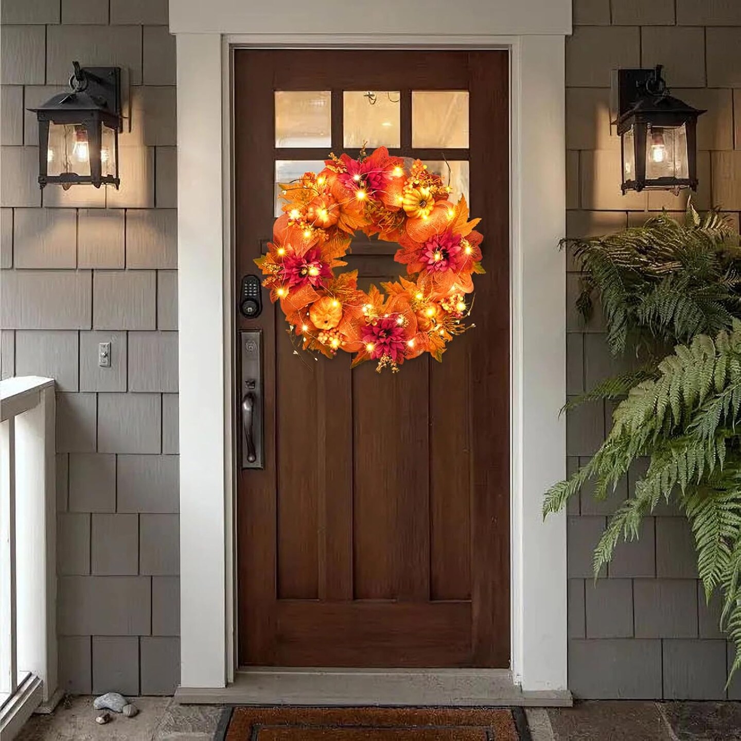Fall Wreaths for Front Door - 20&#x22; Autumn Wreath with Lights, Mesh Ribbon Artificial Pumpkin Dahlia Maple Leafs Berries for Home Porch Wall Window Halloween Thanksgiving Indoor/Outdoor Decor