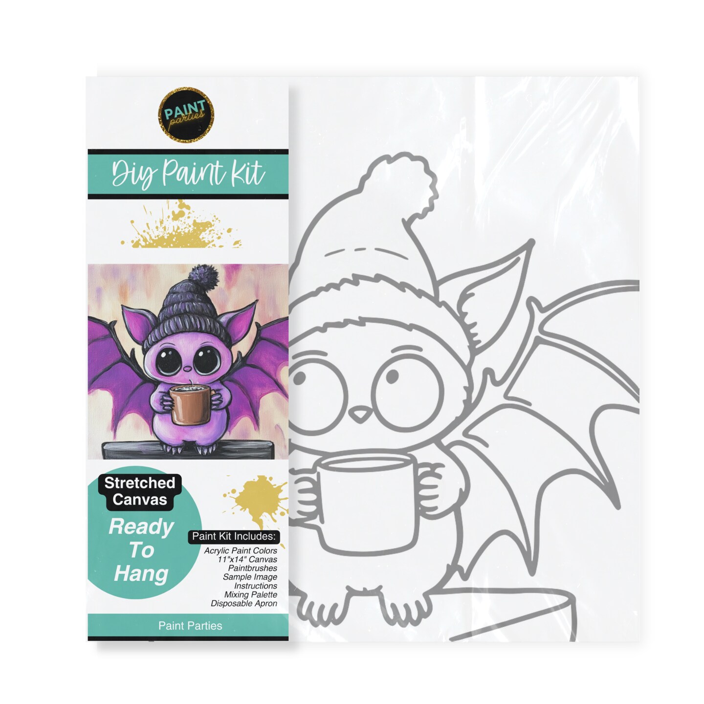 &#x22;Coffee Bat&#x22; Summerween DIY Canvas Art Kit, Adult Beginner, Acrylic Paint Size 11x14 inch