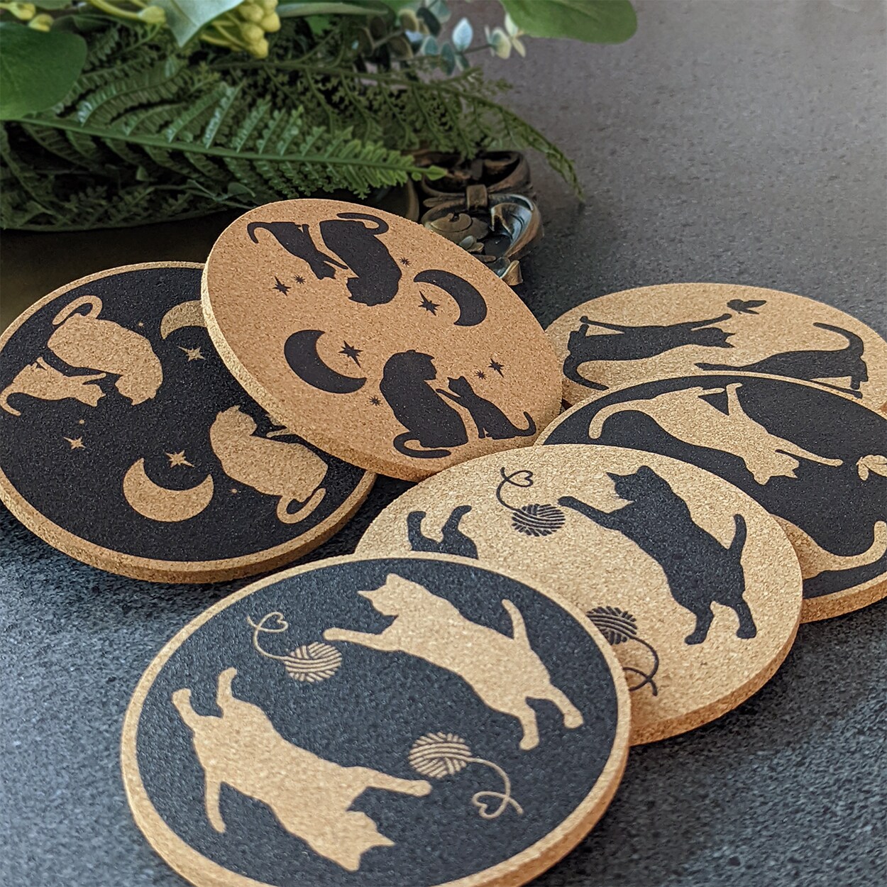 Mango Steam Set of Six Cat Cork Coasters with Decorative Cork Holder