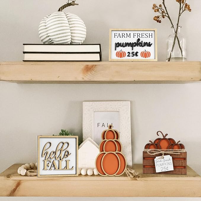 Fall Decor, 5PCS Fall Decorations for Home. Hello fall, stacked pumpkin, farm fresh, pumpkin crate, bead garland, fall tiered tray decor, rustic fall tabletop decor.