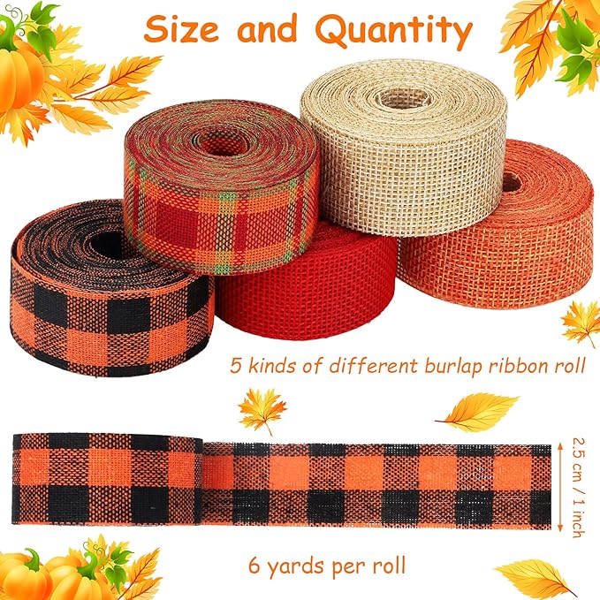 5 Rolls 30 Yards Plaid Burlap Ribbon Rolls 1 Inch Fall Wired Wrapping Ribbon Thanksgiving Wired Edge Ribbon Autumn Decorative Ribbon for the Harvest Thanksgiving Wreath Decoration