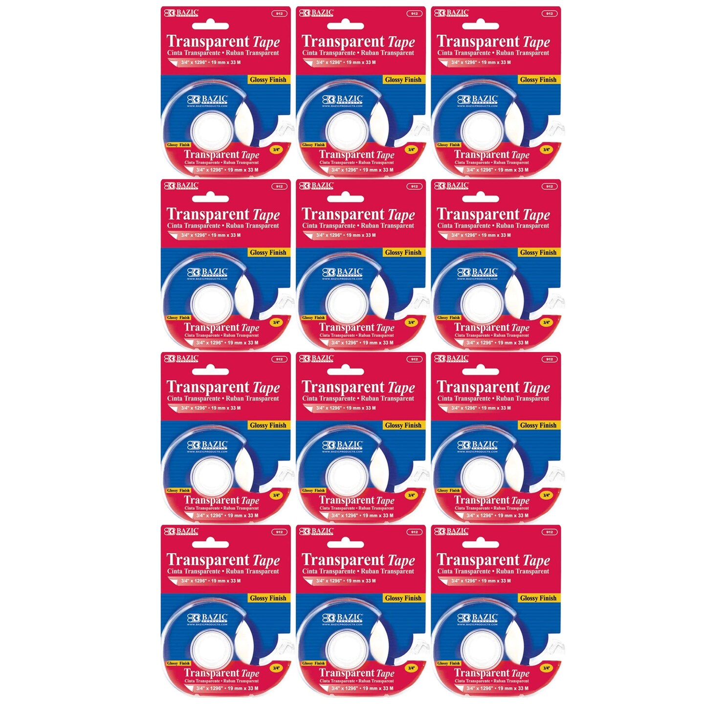 Transparent Tape with Dispenser, 3/4&#x22; x 1296&#x22;, Pack of 12