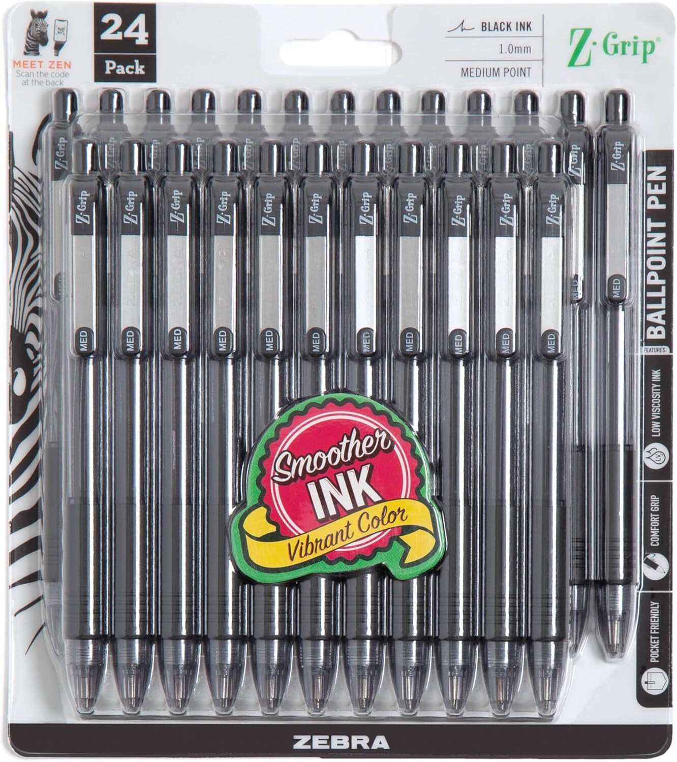Pen Z-Grip Retractable Ballpoint Pen, Medium Point, 1.0Mm, Black Ink, 24 Pack (Packaging May Vary)