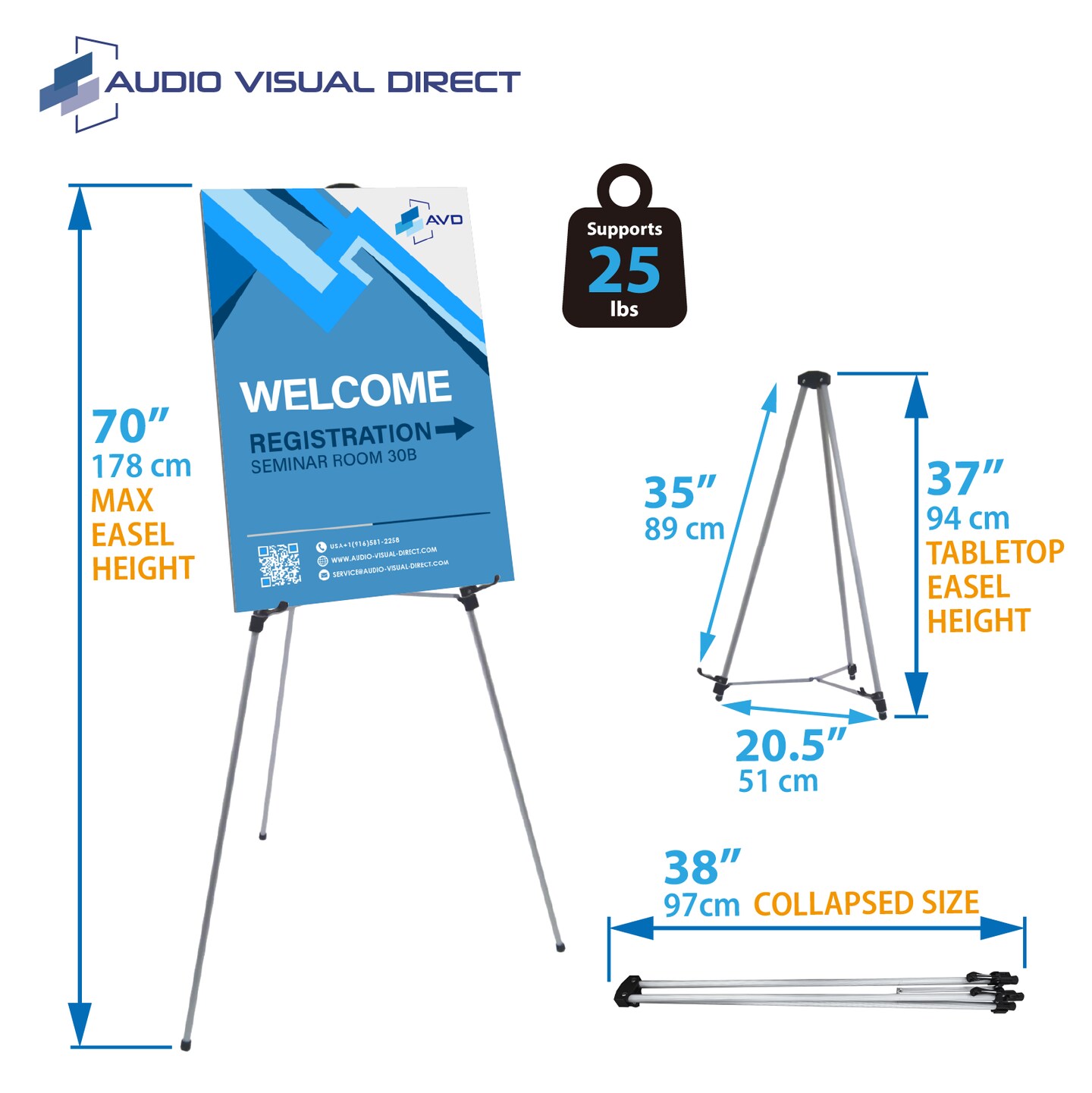 Audio-Visual Direct Lightweight Aluminum Telescoping Display Easel, 70 Inches, Silver