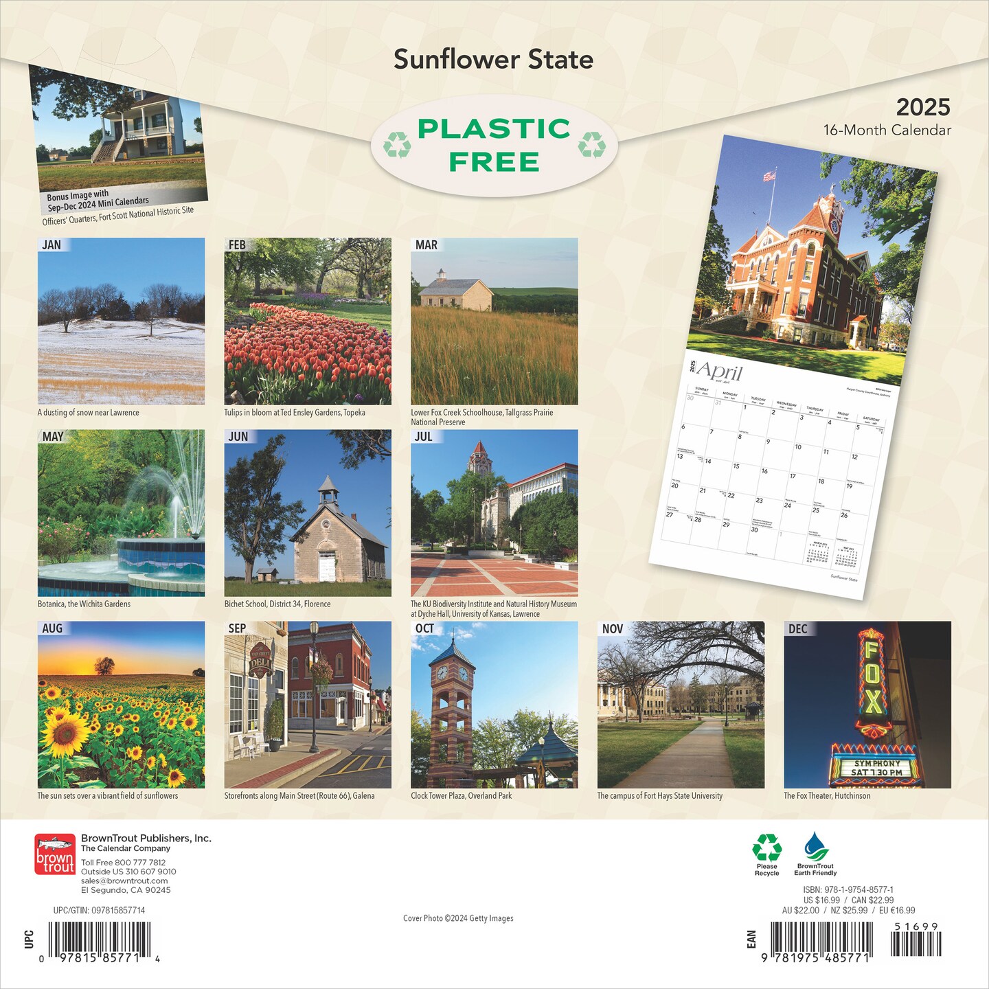 Sunflower State | Kansas Places | 2025 12 x 24 Inch Monthly Square Wall Calendar | Plastic-Free | BrownTrout | USA United States of America Midwest State Nature