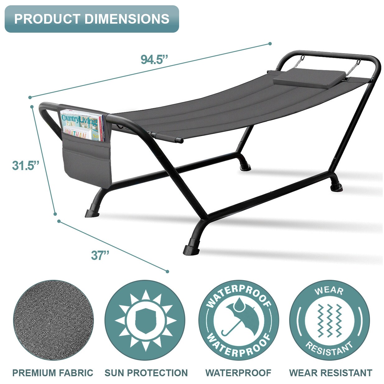 Sorbus Cozy Hammock Bed- Patio Hammock with Stand, Pillow and Storage Pockets- Heavy Duty 500lbs Support- Durable Outdoor Hammock