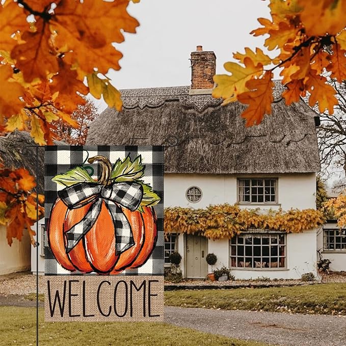 Fall Pumpkin Welcome Garden Flag Double Sided, Autumn Thanksgiving Holiday Harvest Buffalo Plaid Yard Outdoor Decoration 12x18 inches