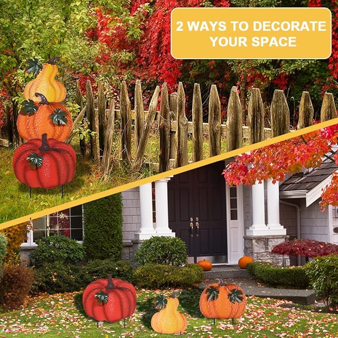 Outdoor Fall Decorations for Home, 34&#x22; Decorative Garden Stakes with 3 Stacked Pumpkins for Fall Decor, Metal Yard Signs for Garden, Lawn, and Patio Thanksgiving Decorations