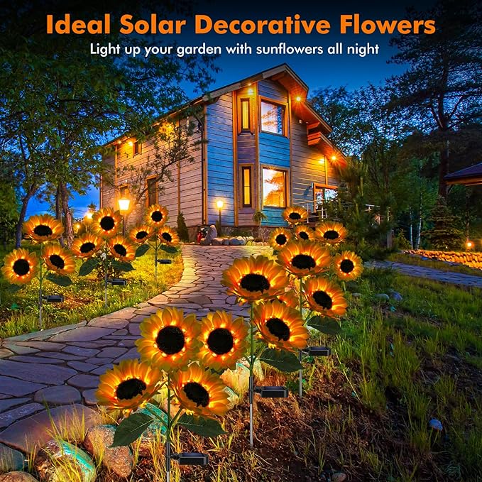 Solar Sunflower Lights, 800mA Solar Garden Light with Realistic Flowers. Outdoor Waterproof Solar Stake Lights for Backyard, Flower Bed, Pathway, Patio, Porch, Spring Decoration (2 Pack).