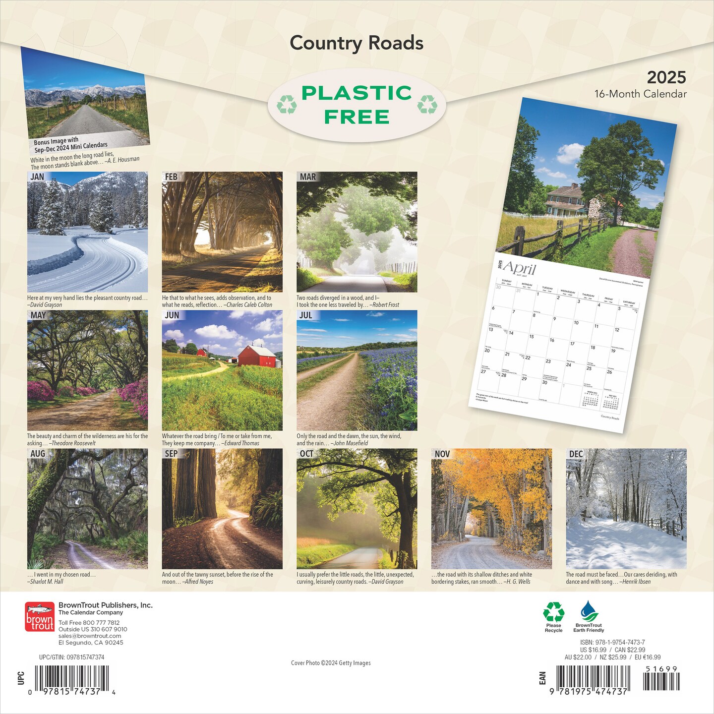 Country Roads | 2025 12 x 24 Inch Monthly Square Wall Calendar | Plastic-Free | BrownTrout | USA United States of America Scenic Rural