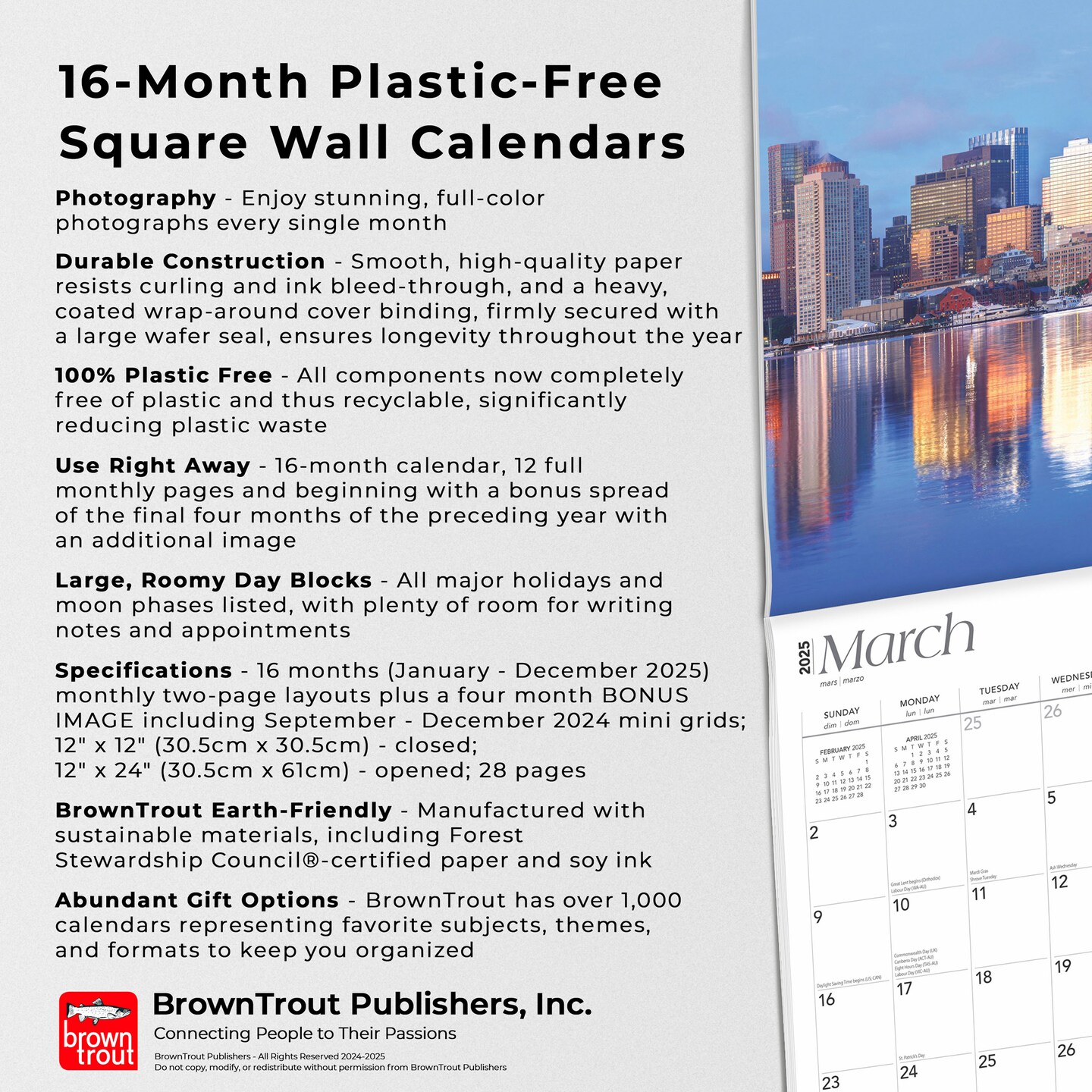 Boston | 2025 12 x 24 Inch Monthly Square Wall Calendar | Plastic-Free | BrownTrout | USA United States of America Massachusetts Northeast City