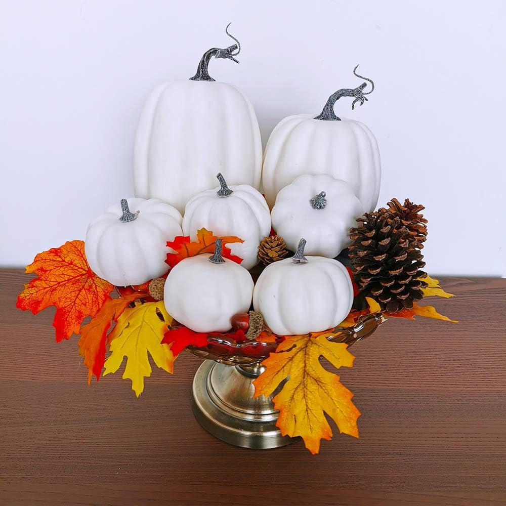 7 Pieces Assorted Sizes Fall Artificial Pumpkins Harvest Pumpkins Faux Foam Pumpkins for the Autumn Season and Halloween Thanksgiving Harvest Holiday Season Festive Tabletop Decorations (White)
