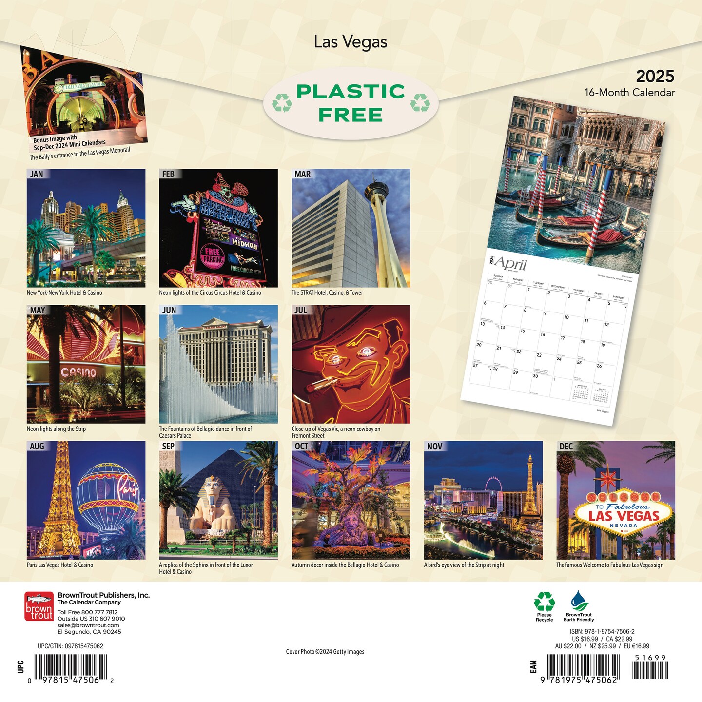 Las Vegas | 2025 12 x 24 Inch Monthly Square Wall Calendar | Foil Stamped Cover | Plastic-Free | BrownTrout | USA United States of America Nevada Rocky Mountain City